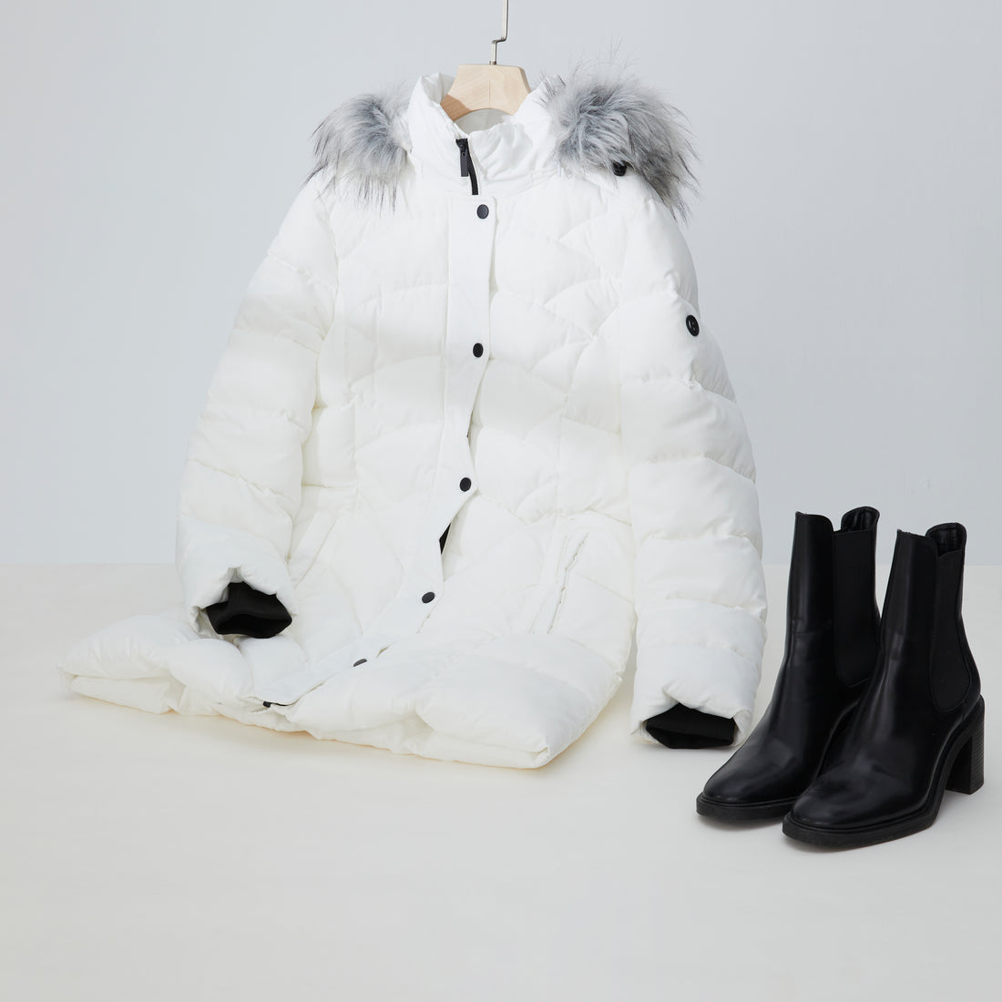 White Puffer Jacket with Fur Hood