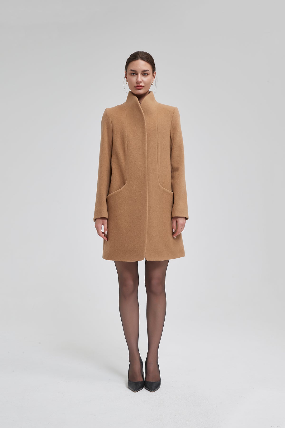 Women's funnel neck cocoon vegan wool coat - IKAZZ