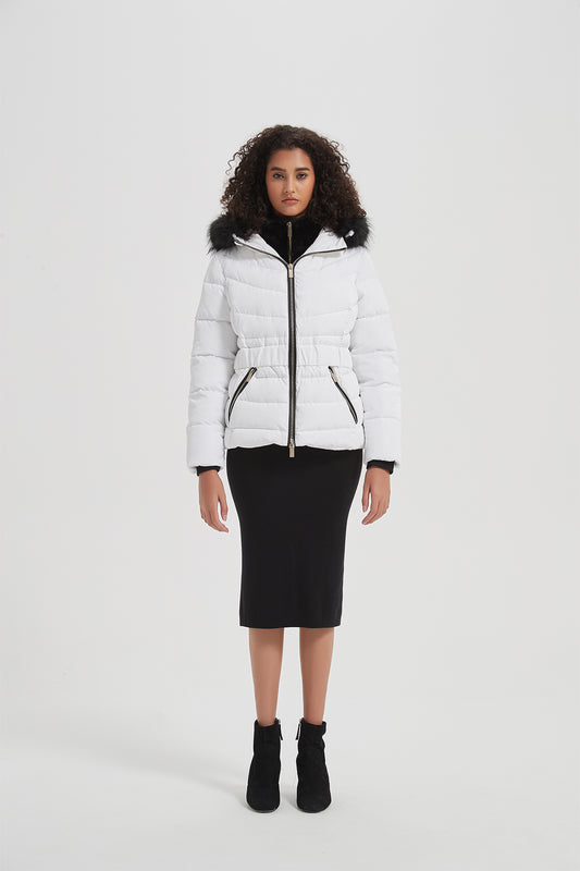 Elastic Waist Short Puffer Jacket with Furry Hood