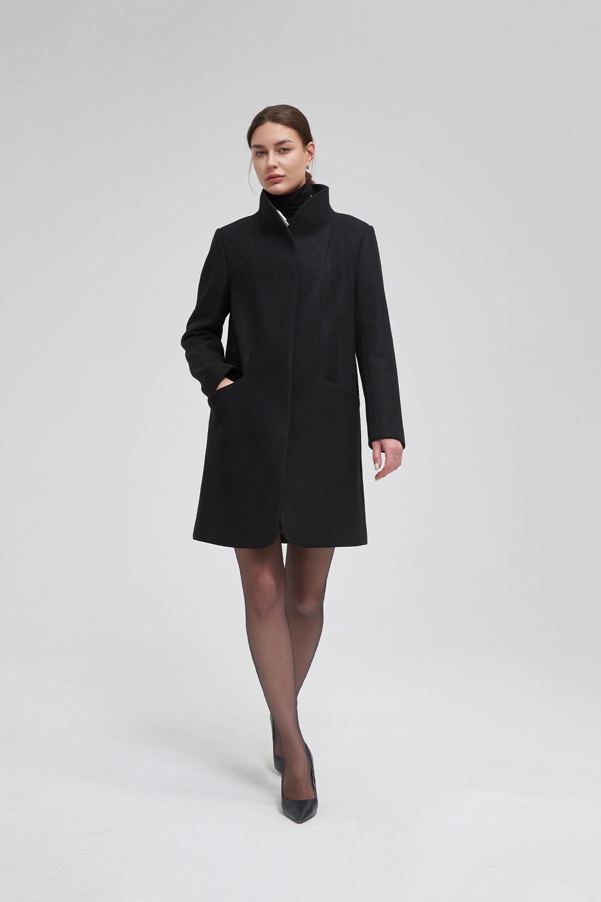Women's funnel neck cocoon vegan wool coat - IKAZZ