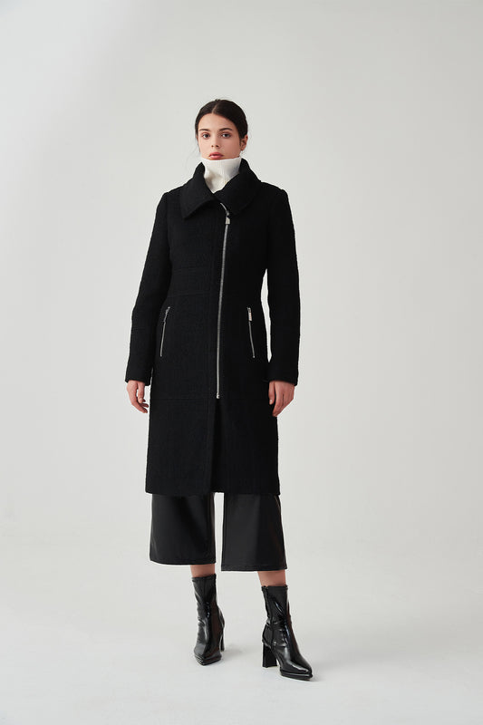 Asymmetrical Lapel Zip Up Long Wool Coat