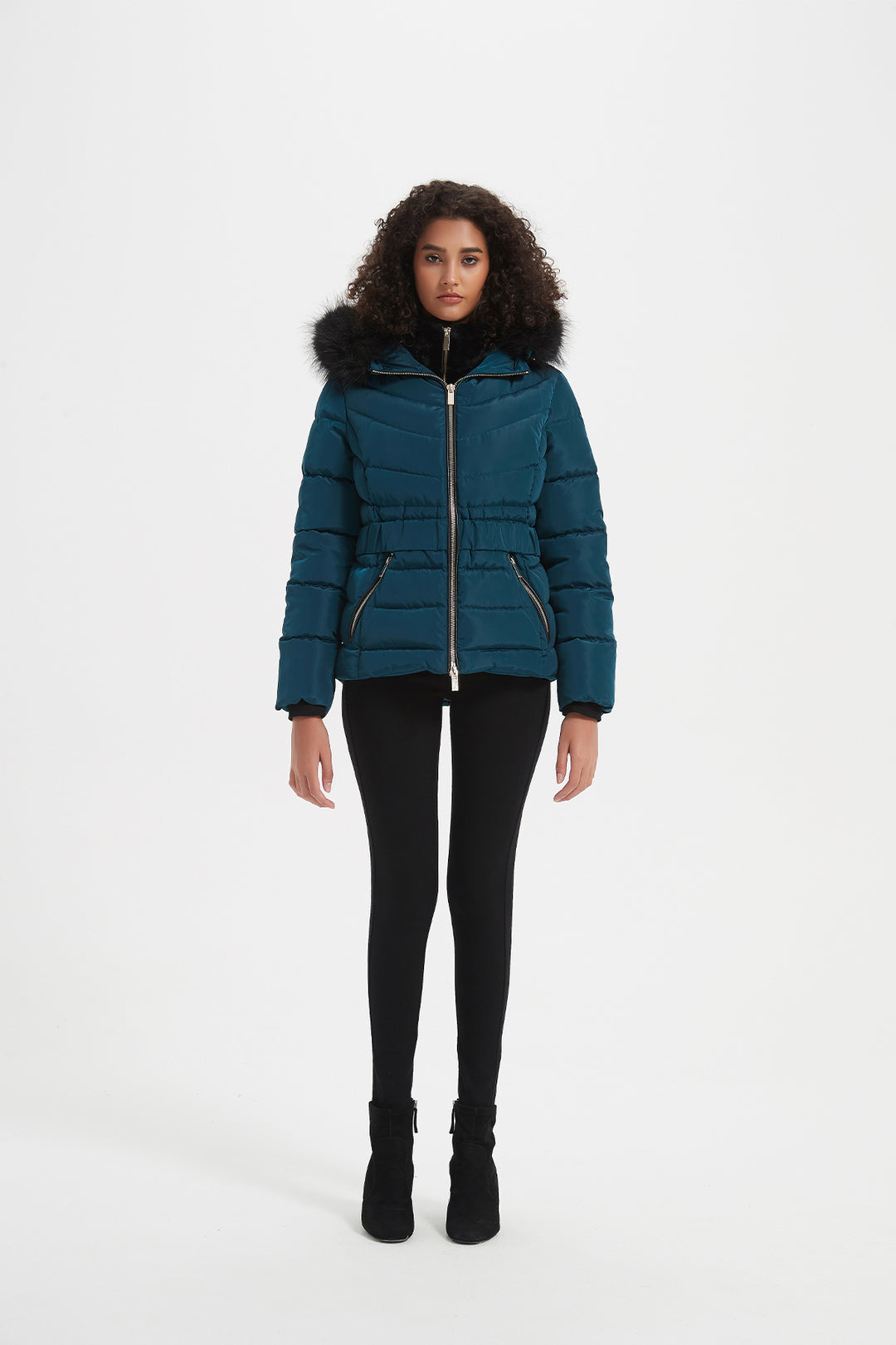 Elastic Waist Short Puffer Jacket with Furry Hood