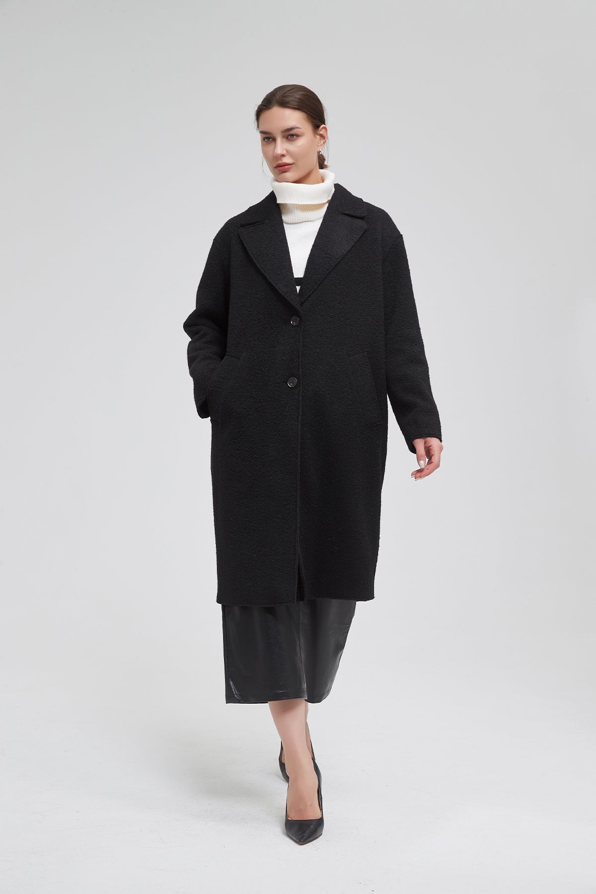 Classic Notch Lapel Long Vegan Wool Coat