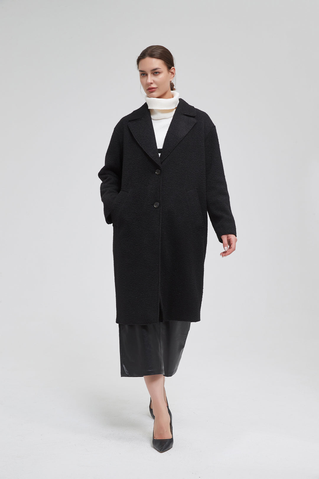 Classic Notch Lapel Long Vegan Wool Coat