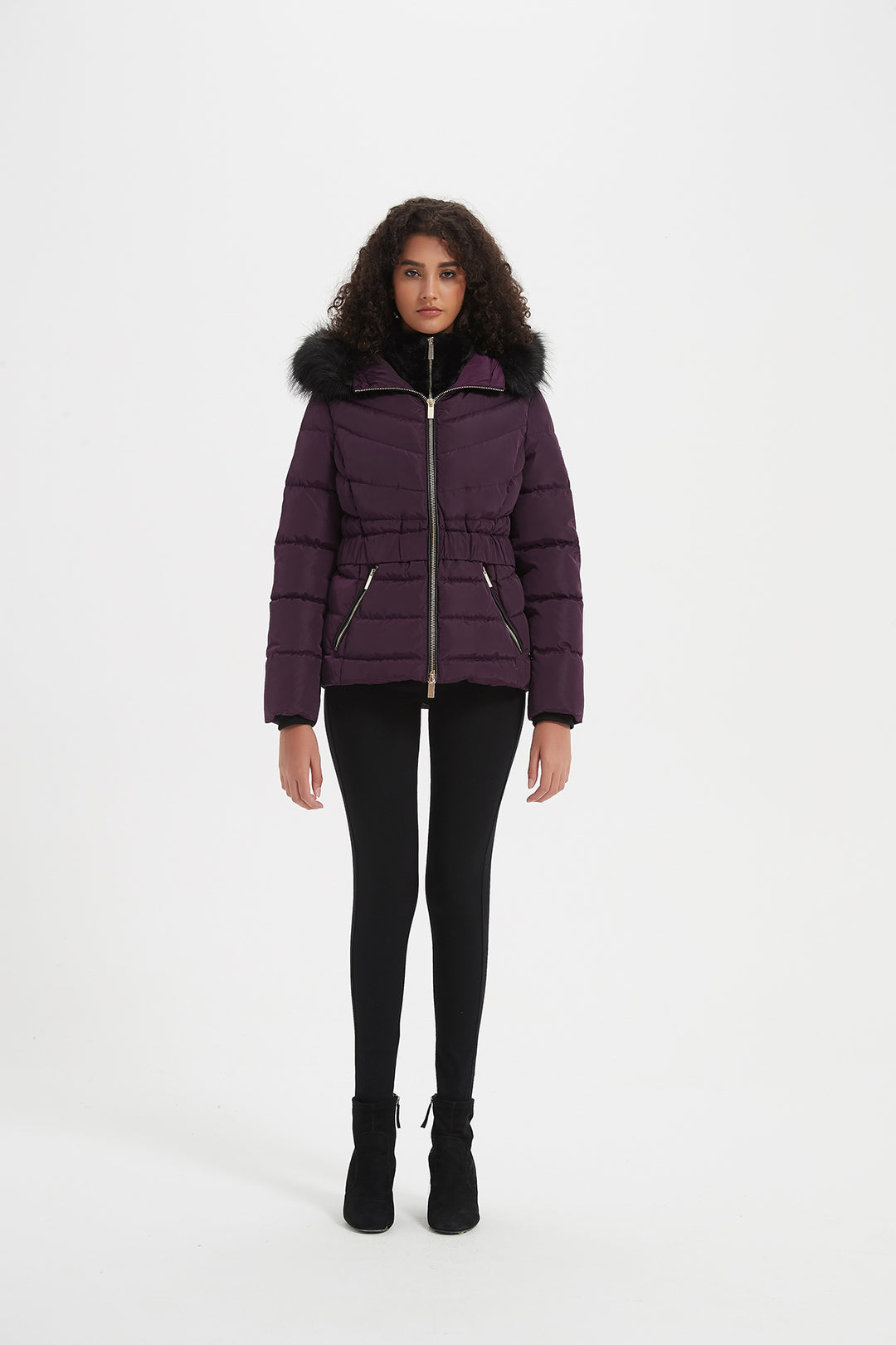 Elastic Waist Short Puffer Jacket with Furry Hood