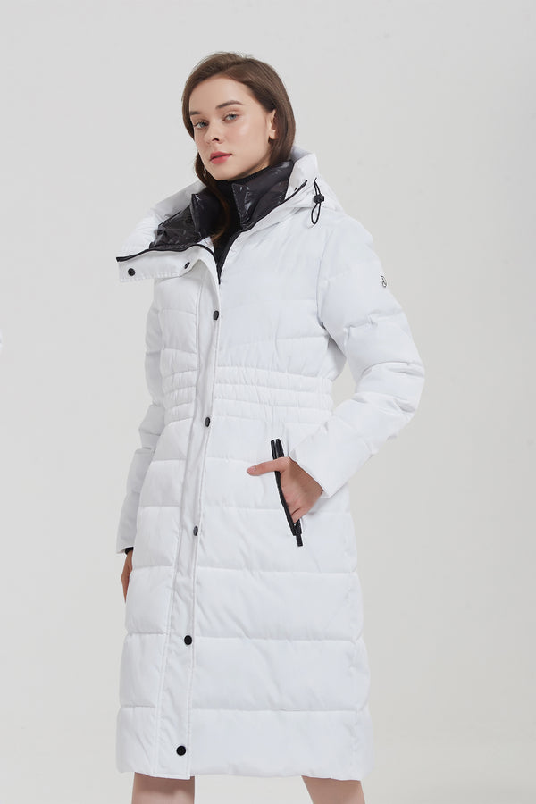 New white long puffer coat with hood ladies IKAZZ