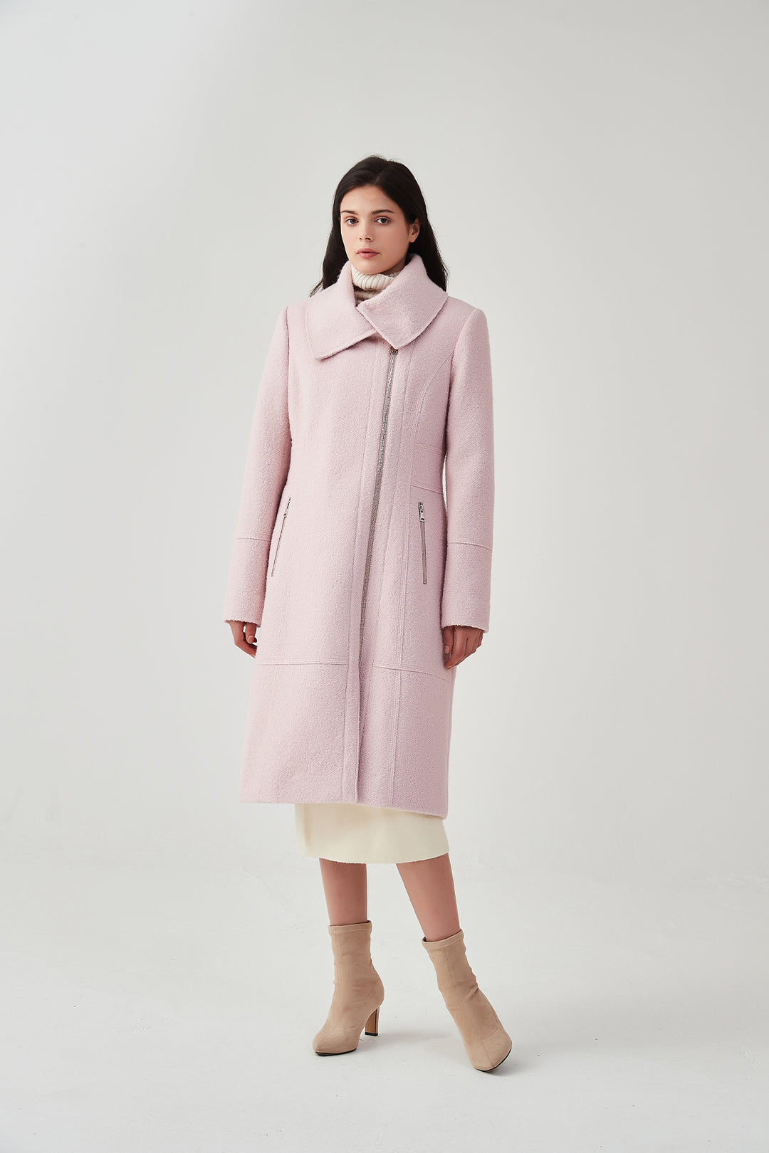 Asymmetrical Lapel Zip Up Long Wool Coat