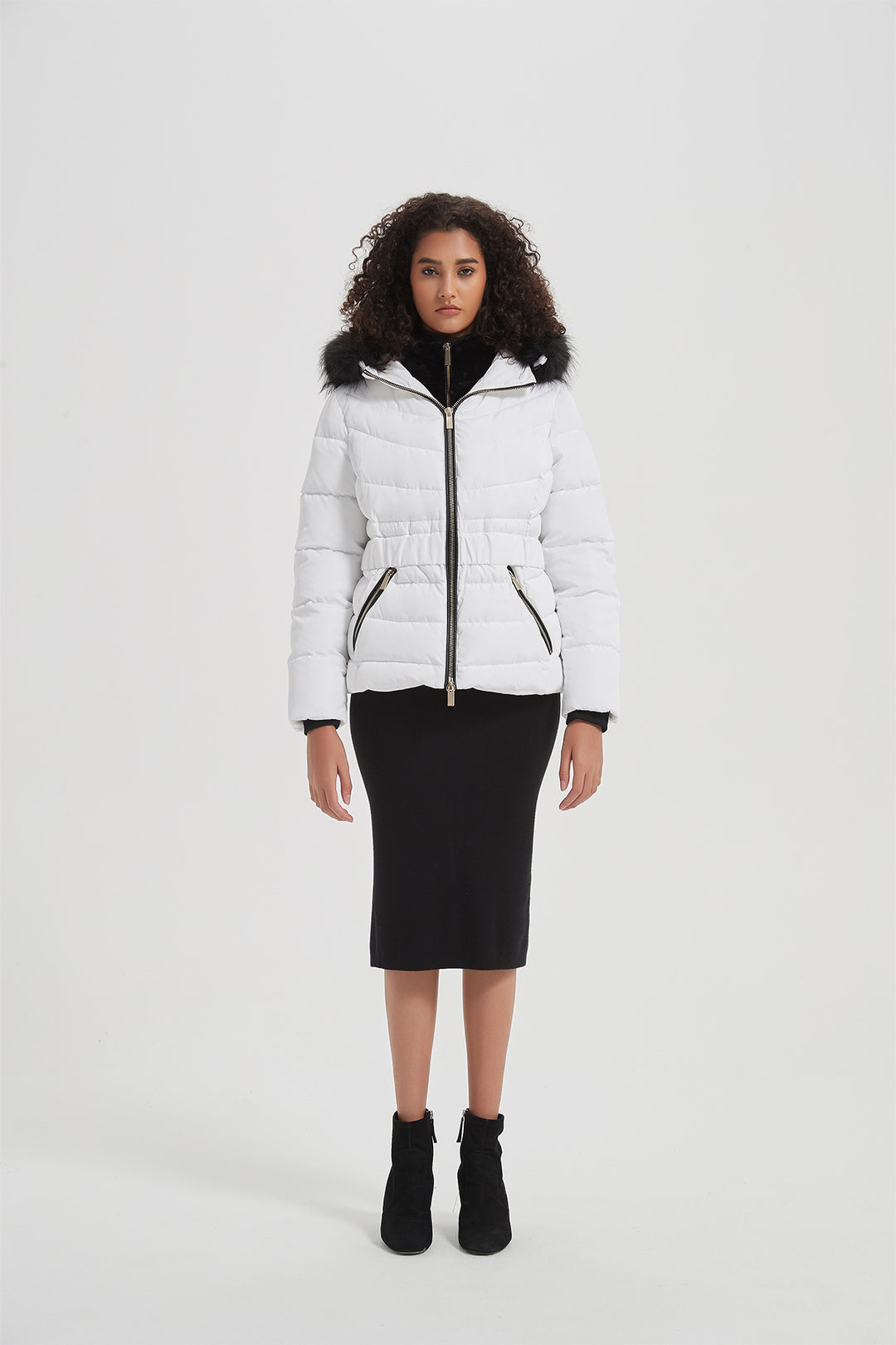 Elastic Waist Short Puffer Jacket with Furry Hood