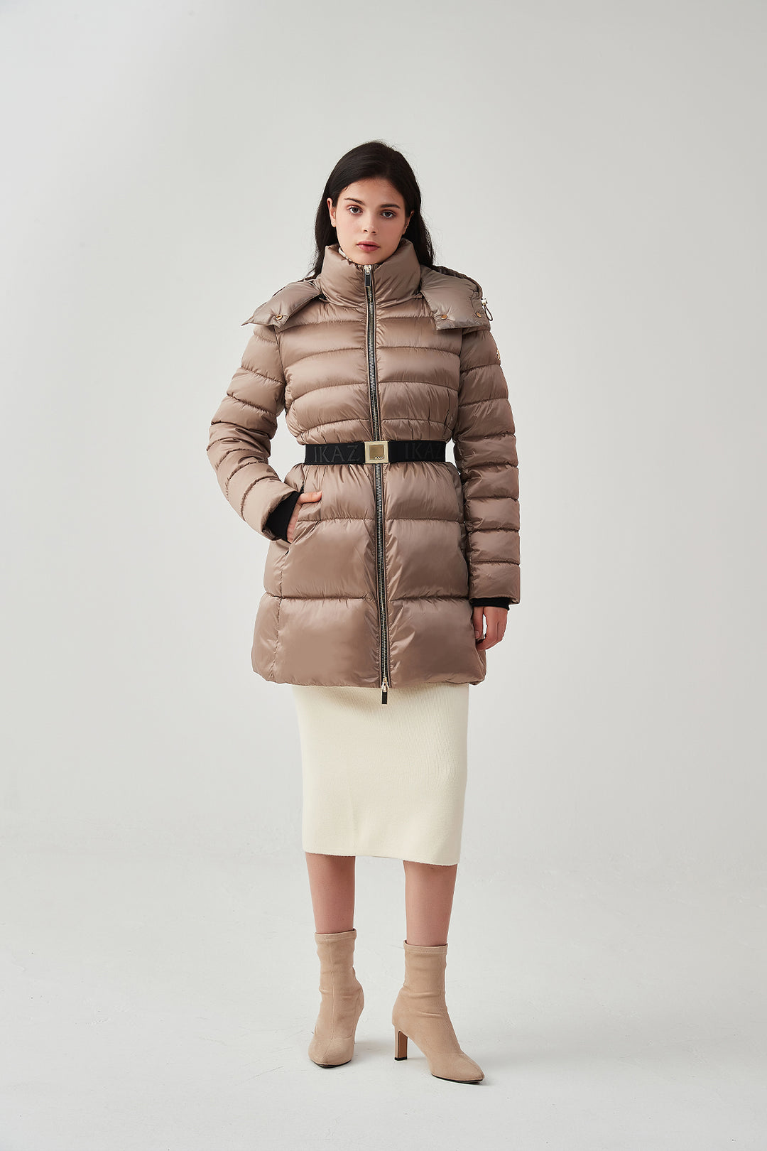 Shiny Belted Mid Length Puffer Coat with Hood