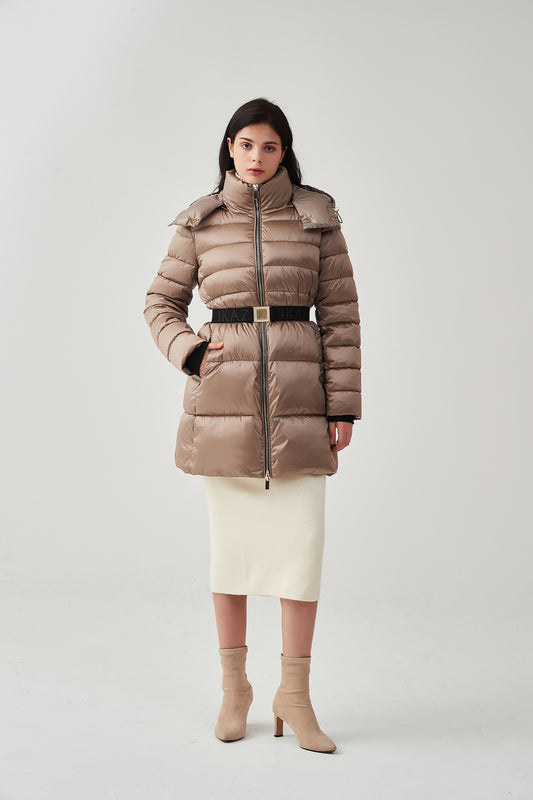 Shiny belted puffer jacket with hood