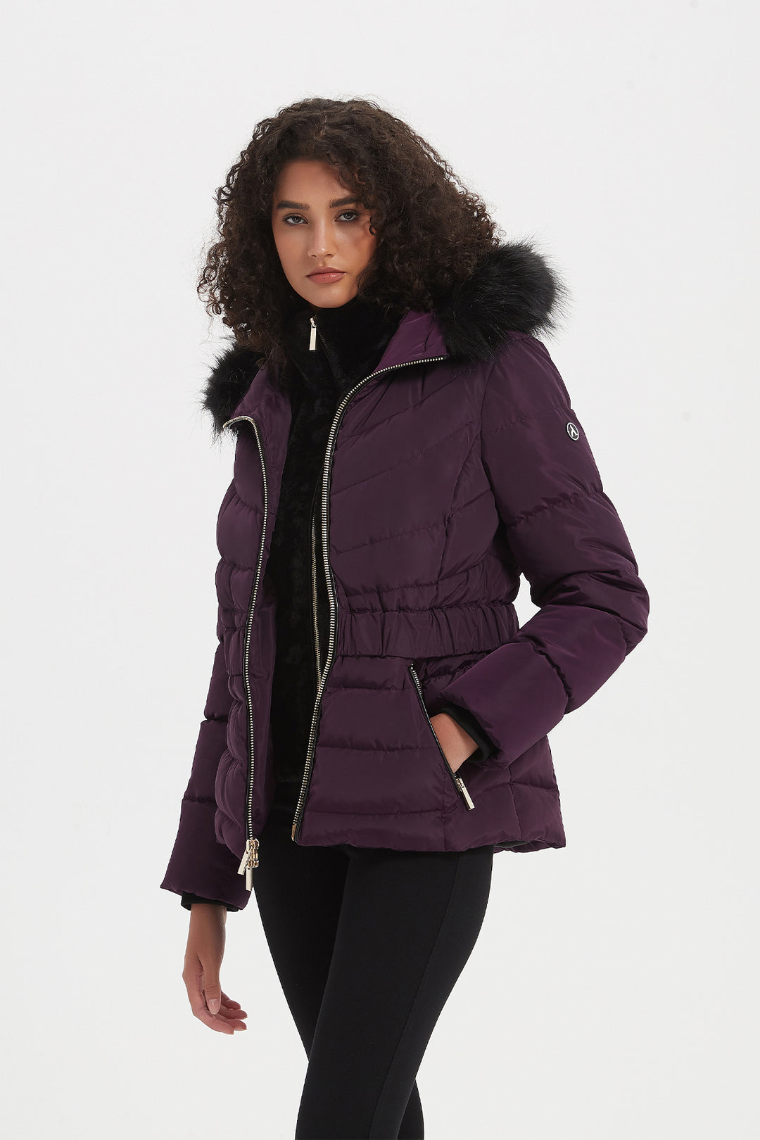 Elastic Waist Short Puffer Jacket with Furry Hood