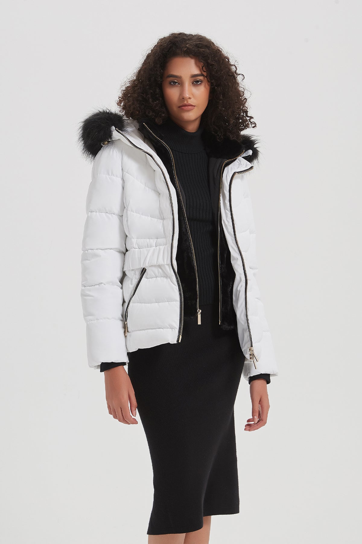 Black puffer coat online with white fur hood