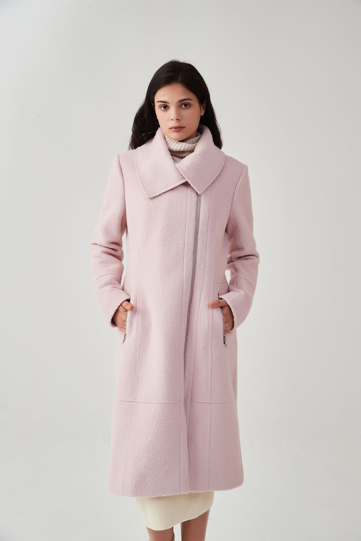 Asymmetrical Lapel Zip Up Long Wool Coat