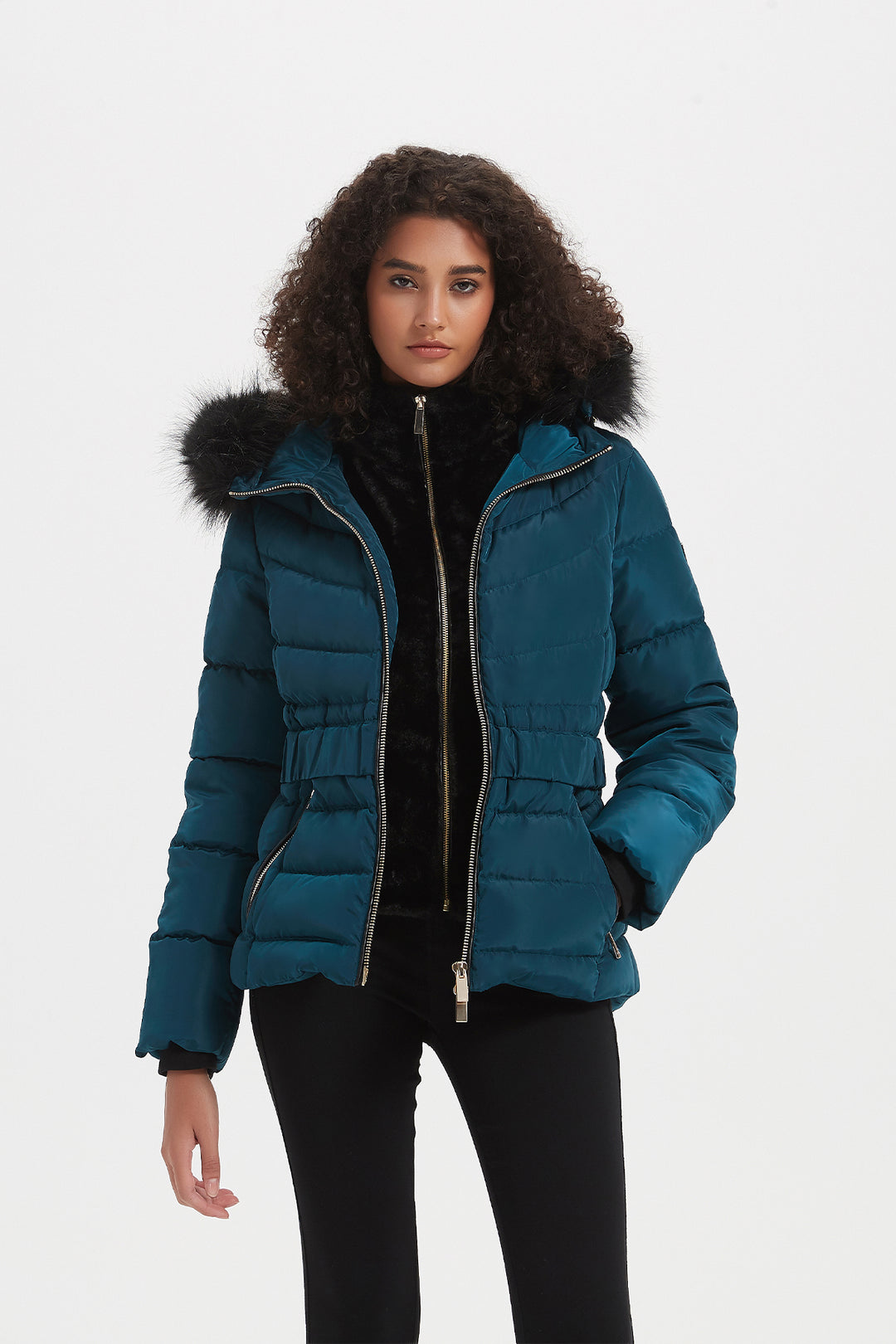 Elastic Waist Short Puffer Jacket with Furry Hood