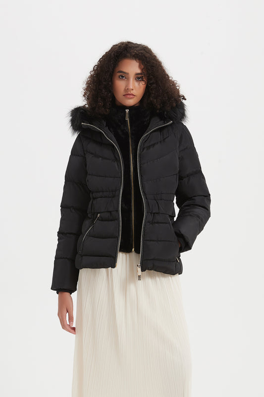 Elastic Waist Short Puffer Jacket with Furry Hood