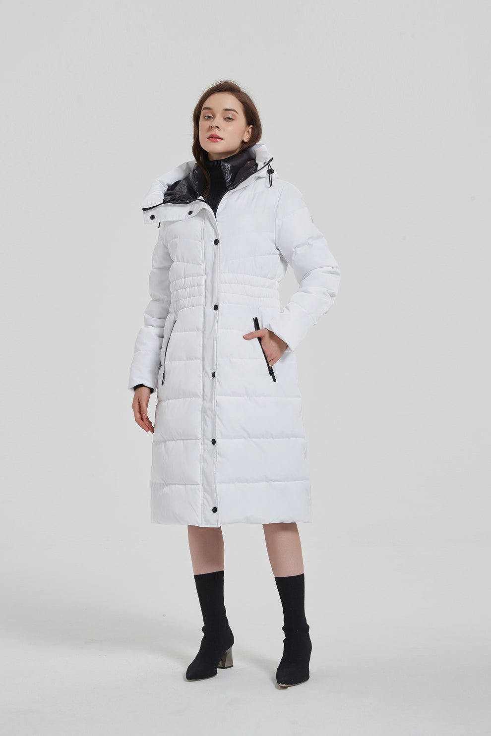 New white long puffer coat with hood ladies IKAZZ