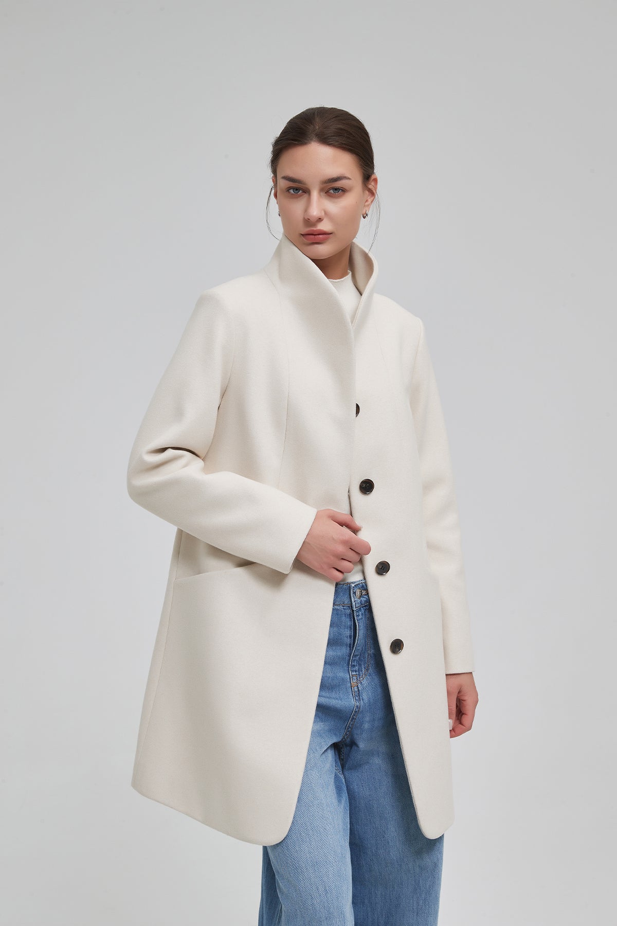 Women's funnel neck cocoon vegan wool coat - IKAZZ