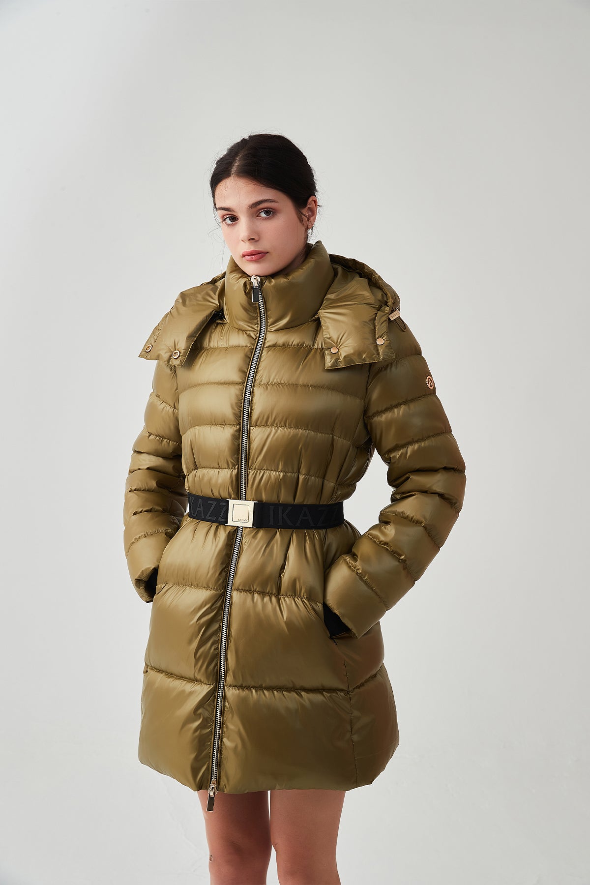 Shiny Belted Mid Length Puffer Coat with Hood