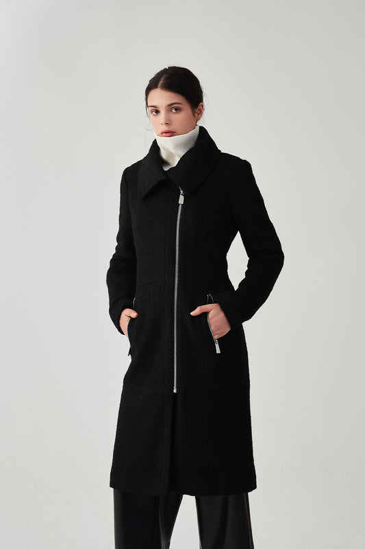 Asymmetrical Lapel Zip Up Long Wool Coat