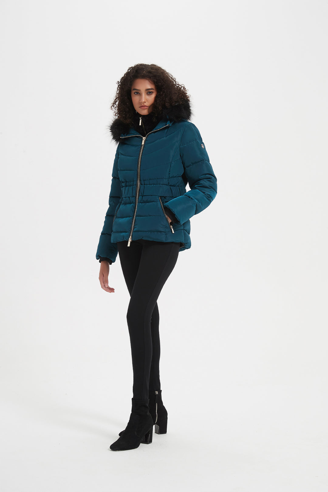 Elastic Waist Short Puffer Jacket with Furry Hood