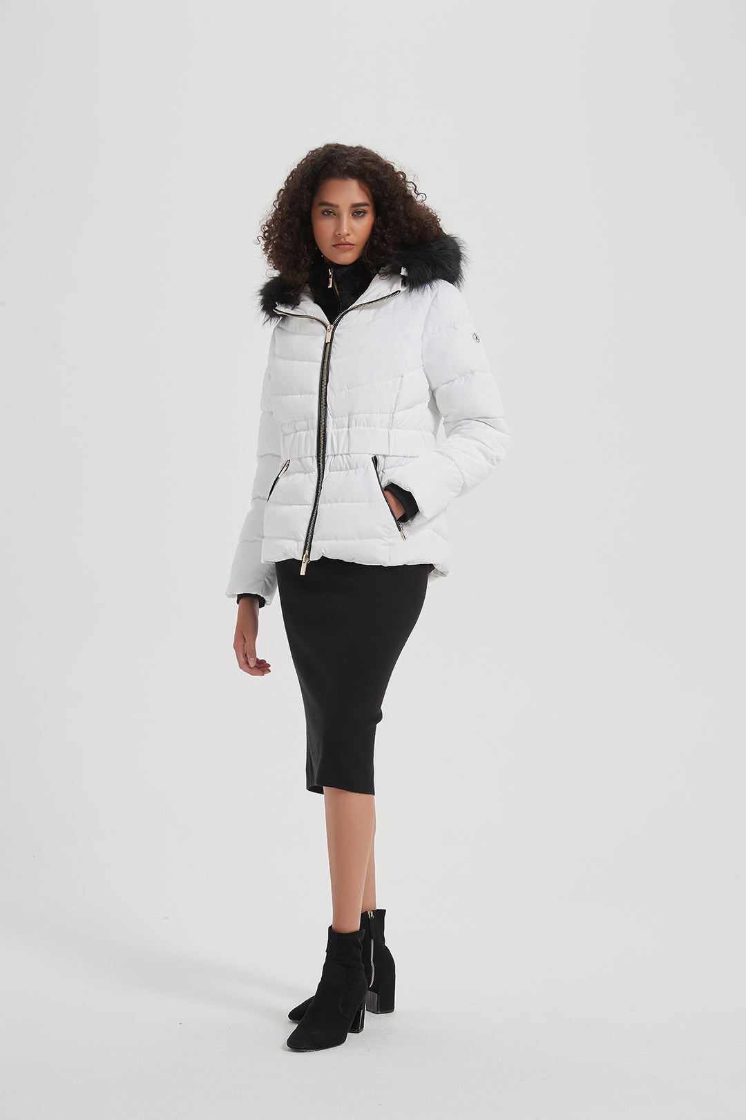 Elastic Waist Short Puffer Jacket with Furry Hood