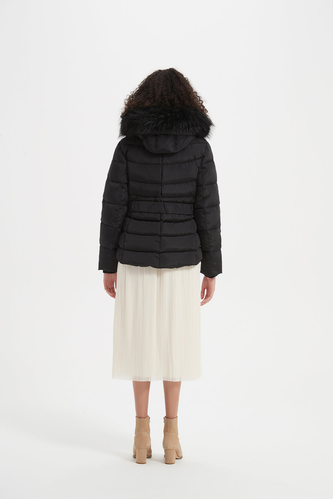 Elastic Waist Short Puffer Jacket with Furry Hood