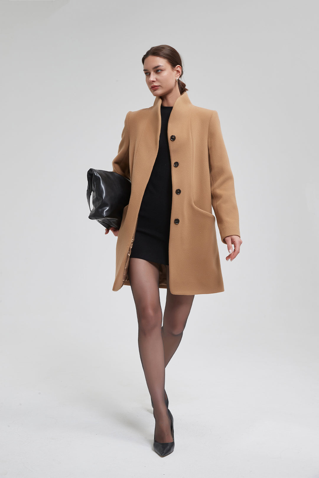 Funnel Neck Cocoon Vegan Wool Coat
