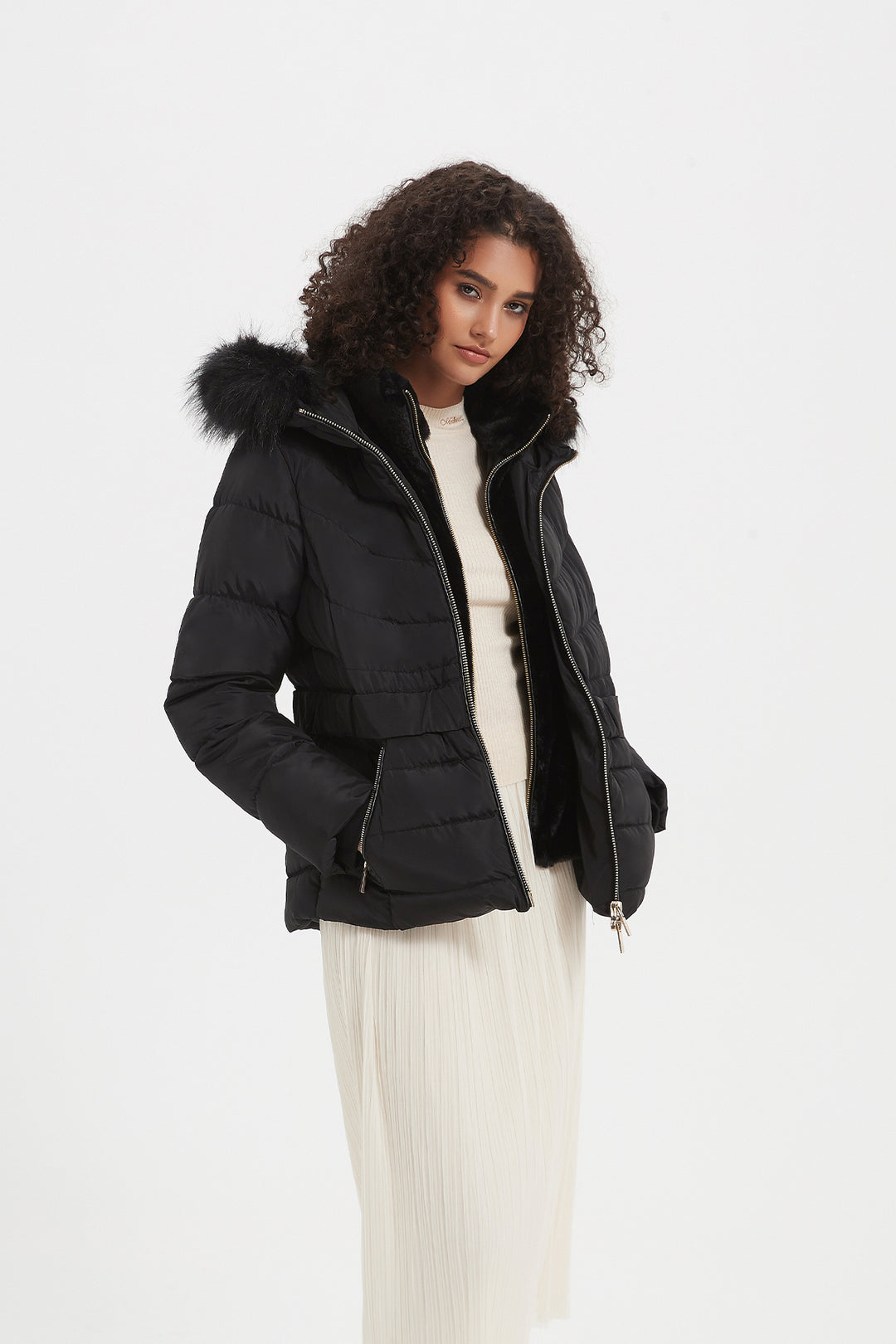Elastic Waist Short Puffer Jacket with Furry Hood