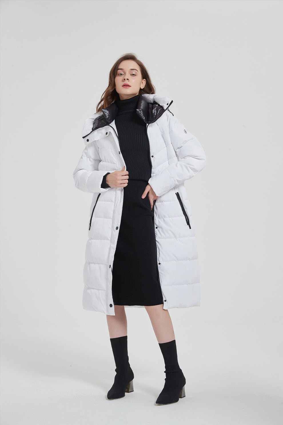 New white long puffer coat with hood ladies- IKAZZ