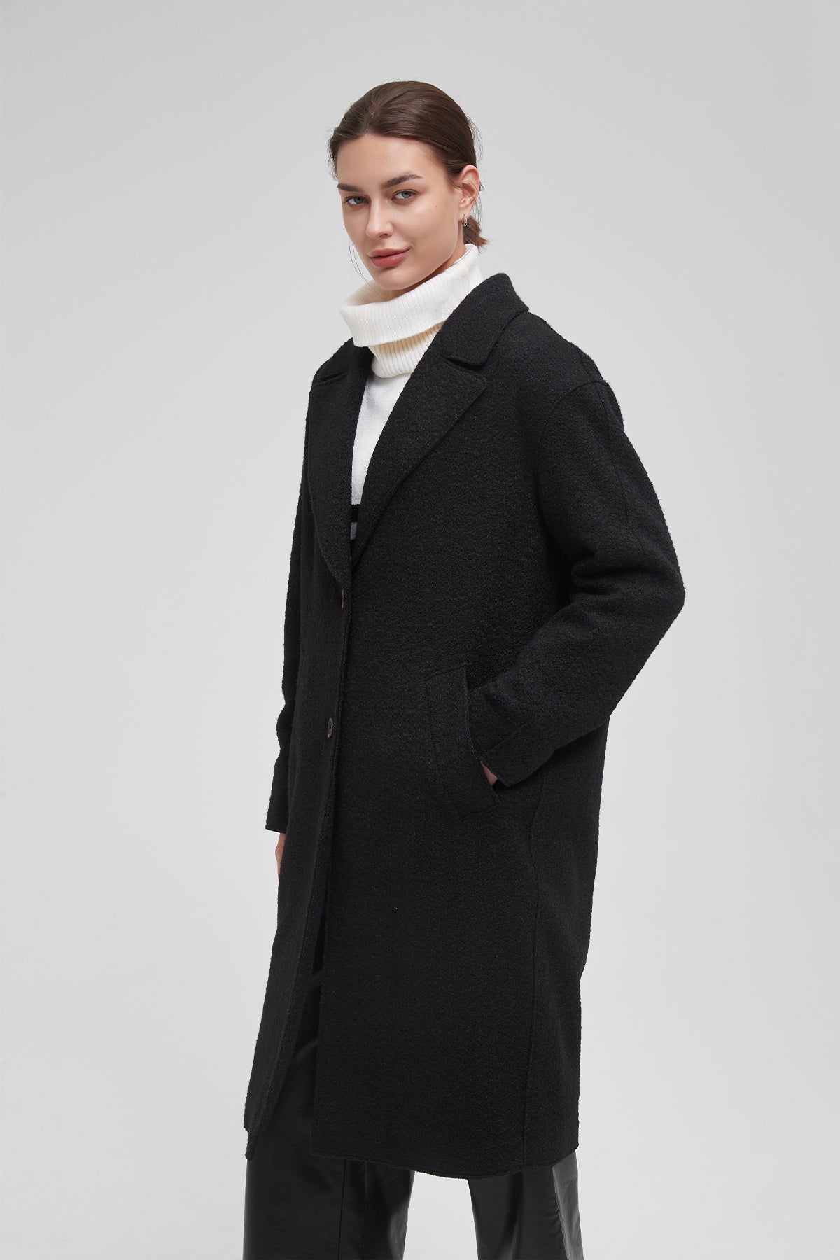 Classic Notch Lapel Long Vegan Wool Coat