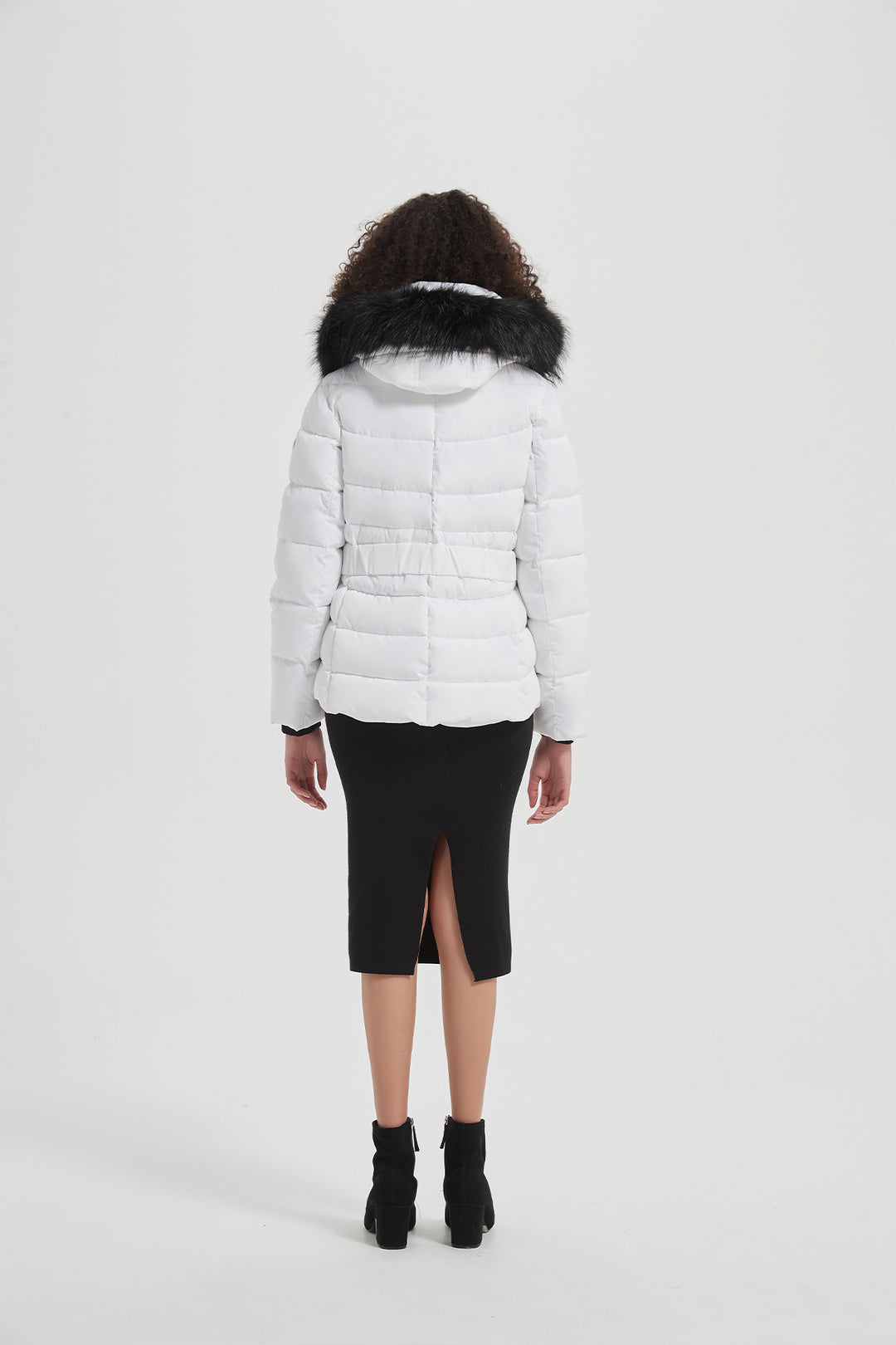 Elastic Waist Short Puffer Jacket with Furry Hood