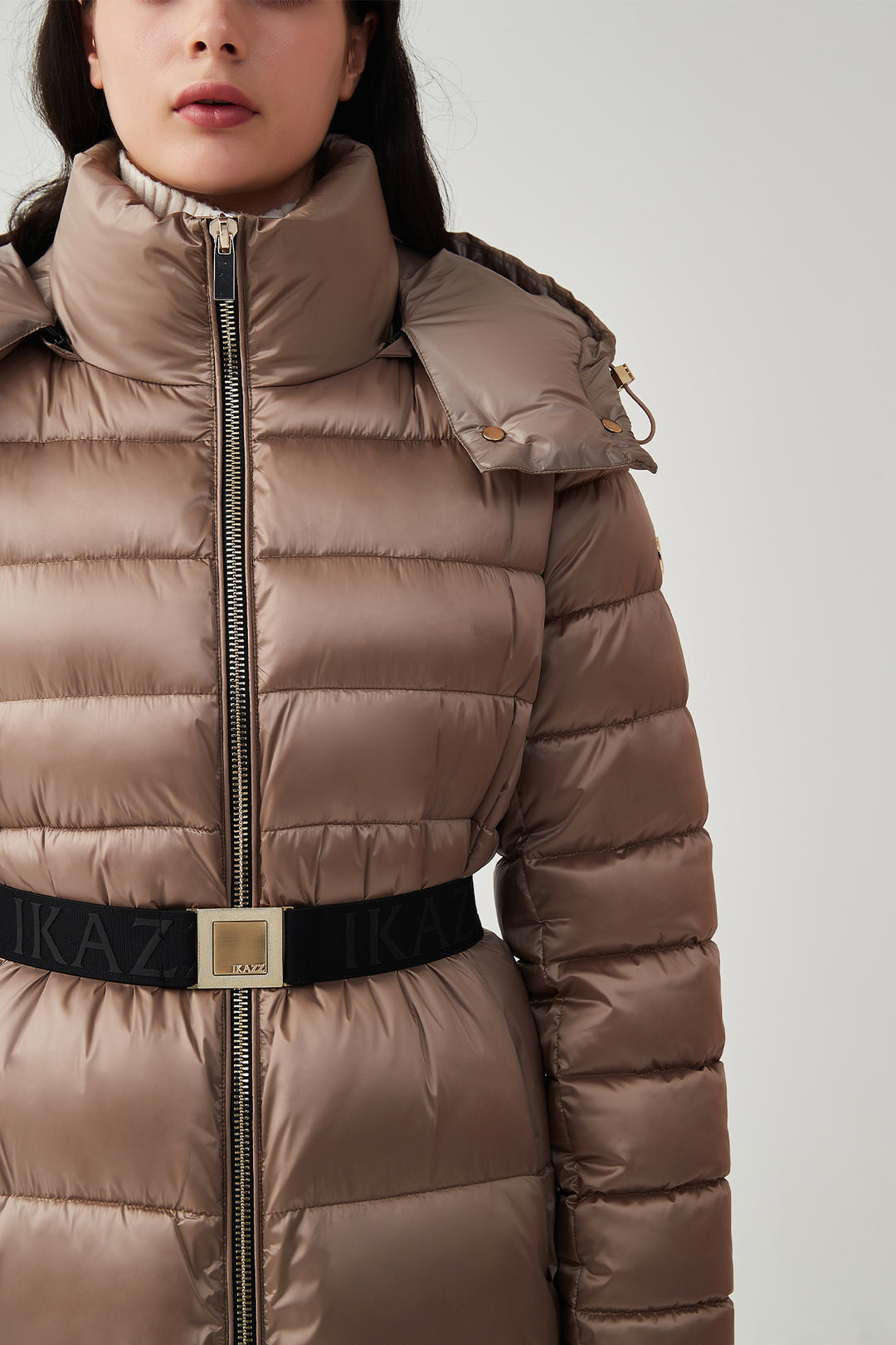 Shiny Belted Mid Length Puffer Coat with Hood