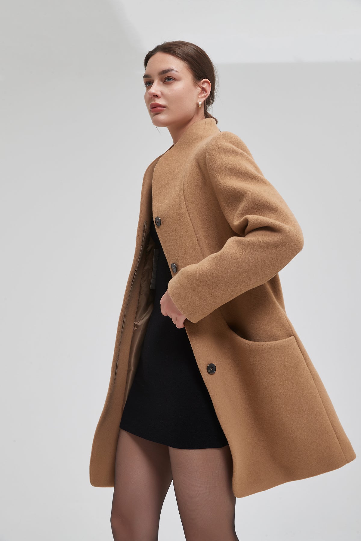 Women's funnel neck cocoon vegan wool coat - IKAZZ
