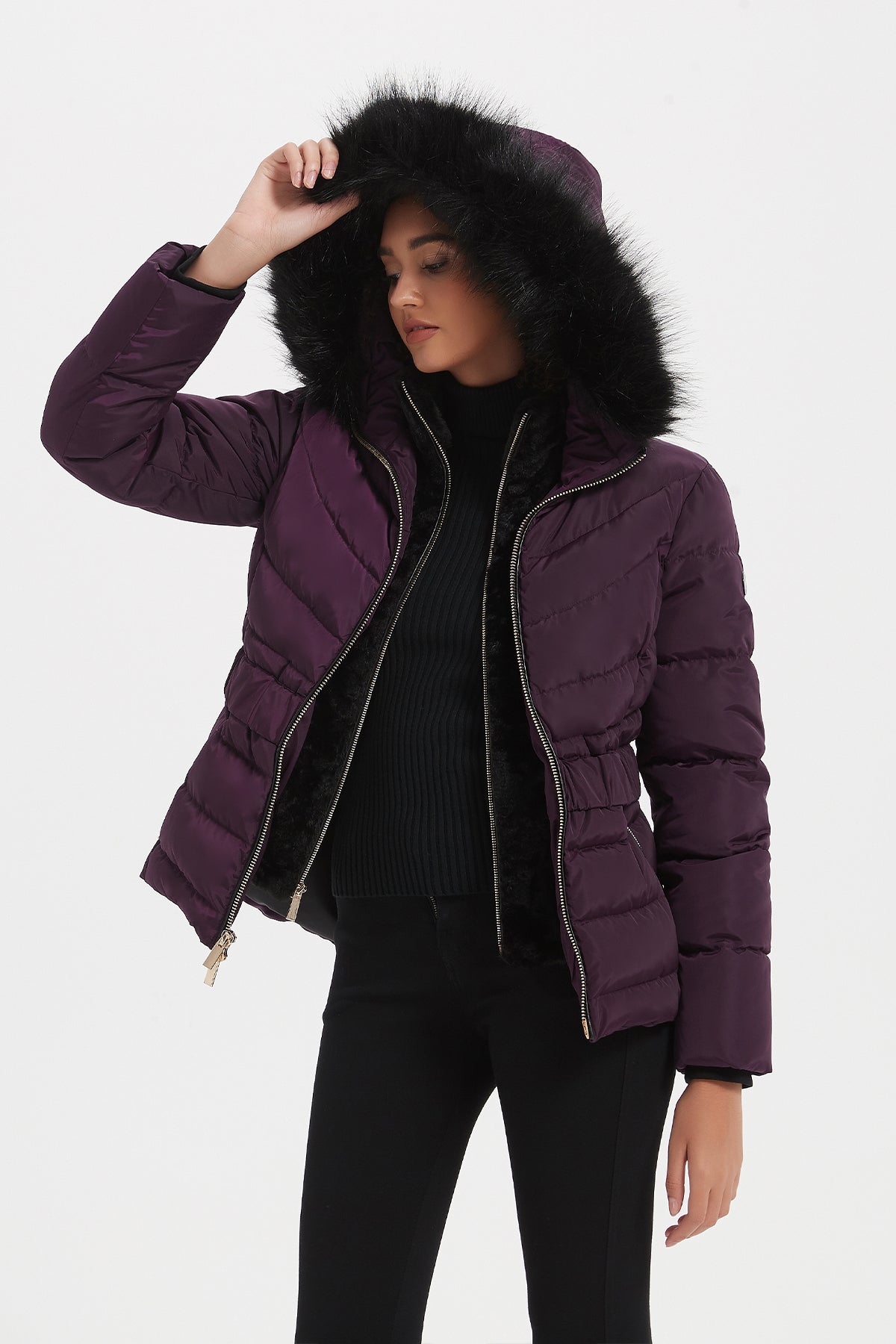 Waist length puffer jacket with fur hood sale