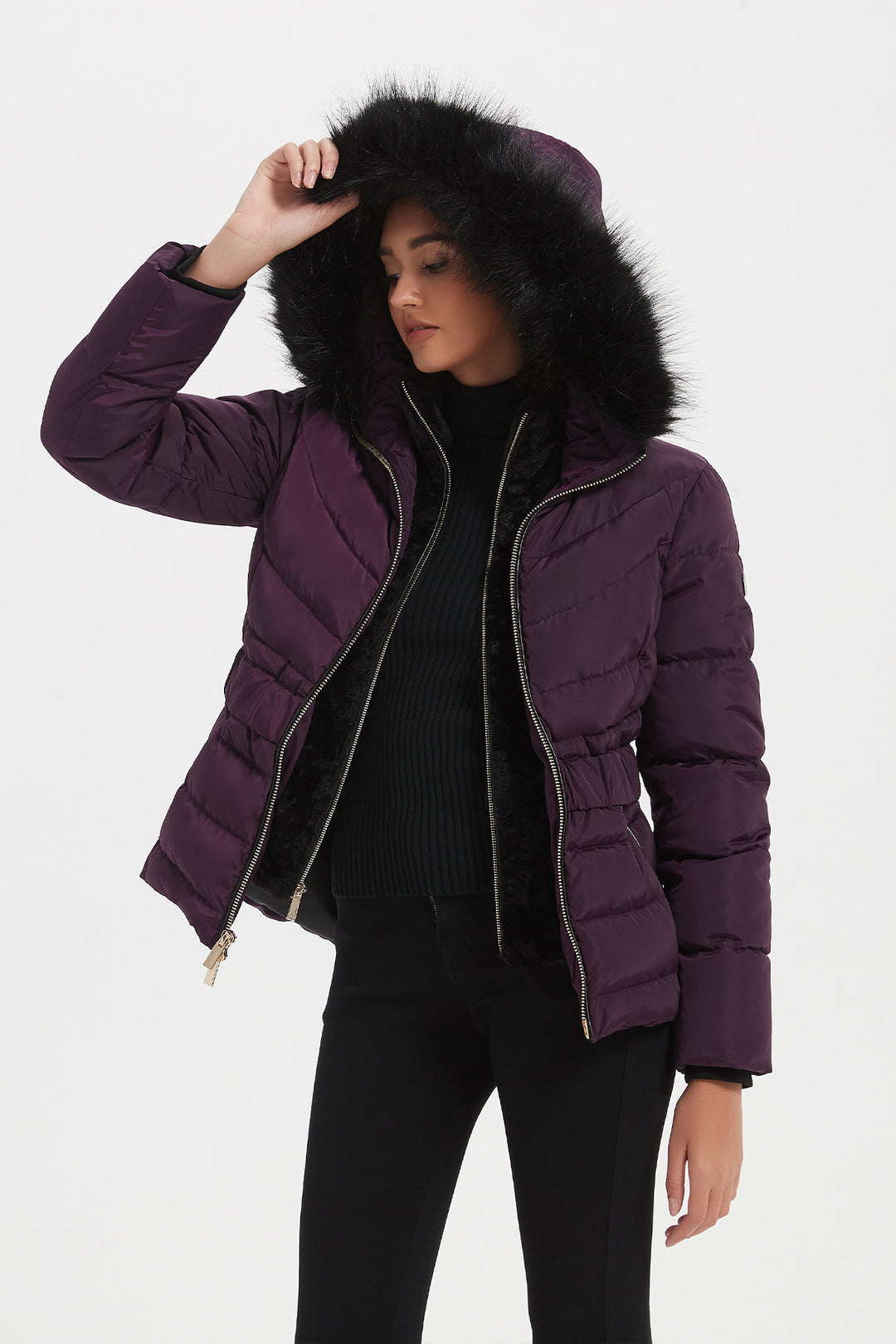 Elastic Waist Short Puffer Jacket with Furry Hood