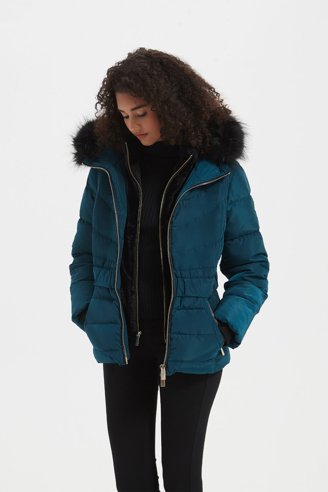 Elastic Waist Short Puffer Jacket with Furry Hood