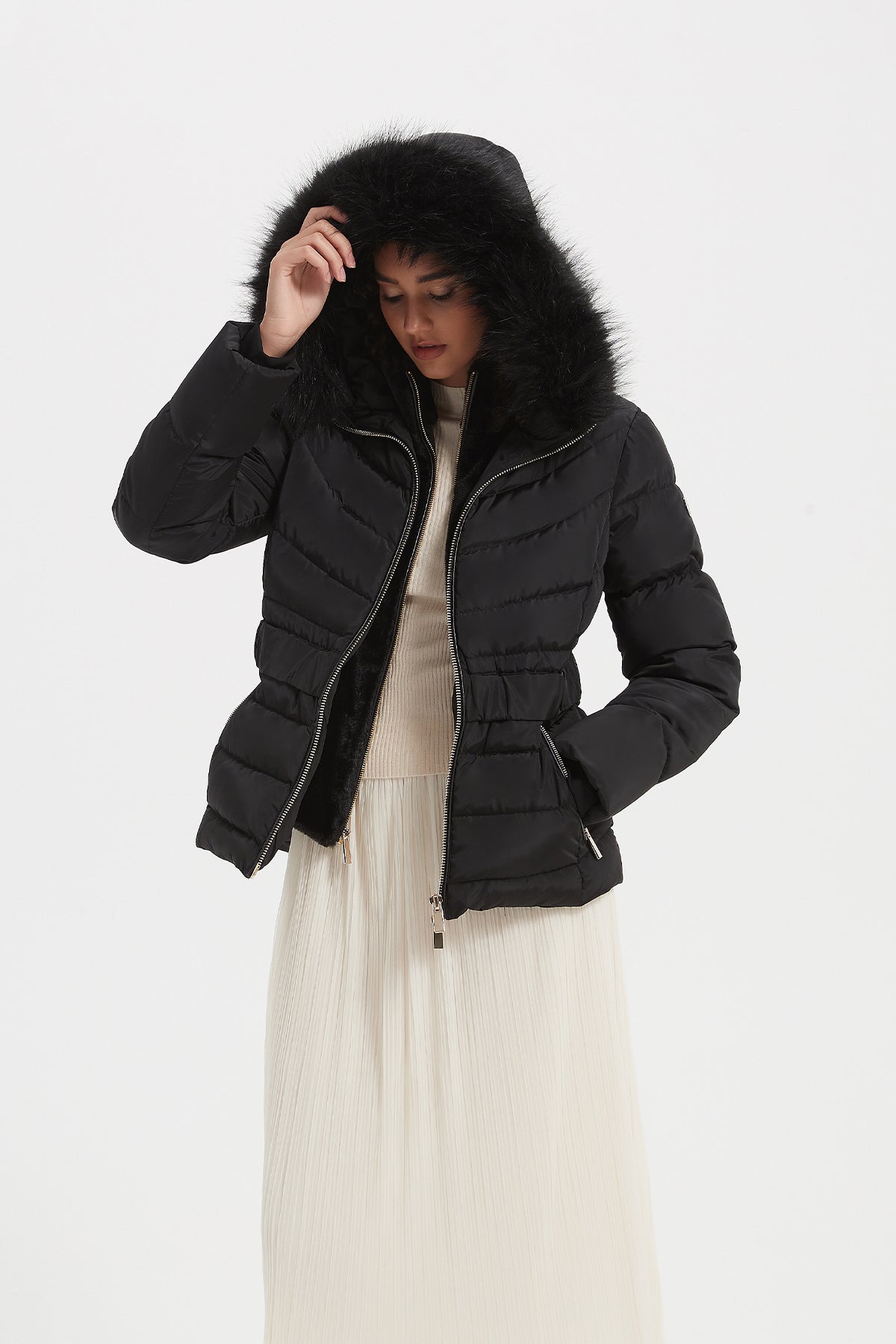 Short black puffer online jacket with fur hood