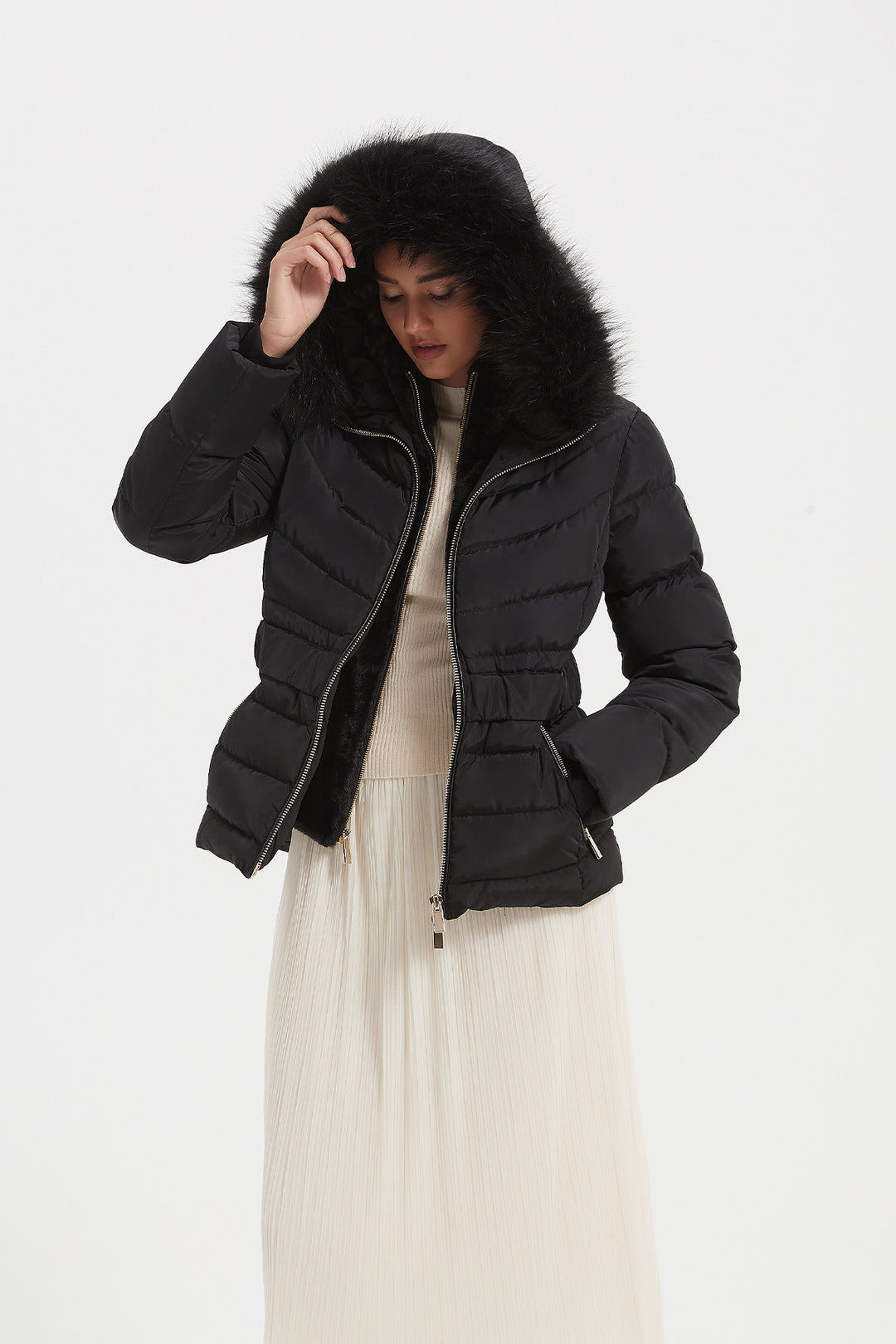 Elastic Waist Short Puffer Jacket with Furry Hood