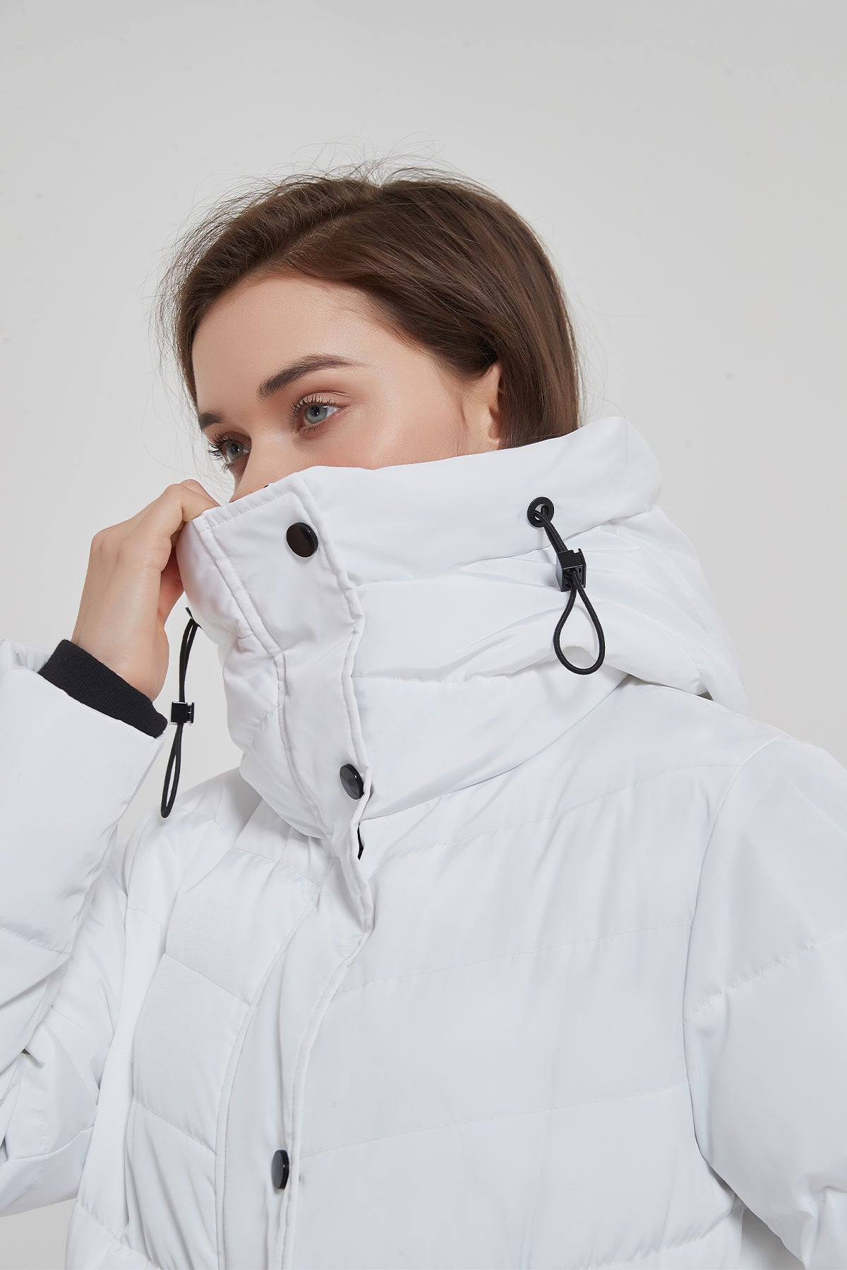 New white long puffer coat with hood ladies IKAZZ