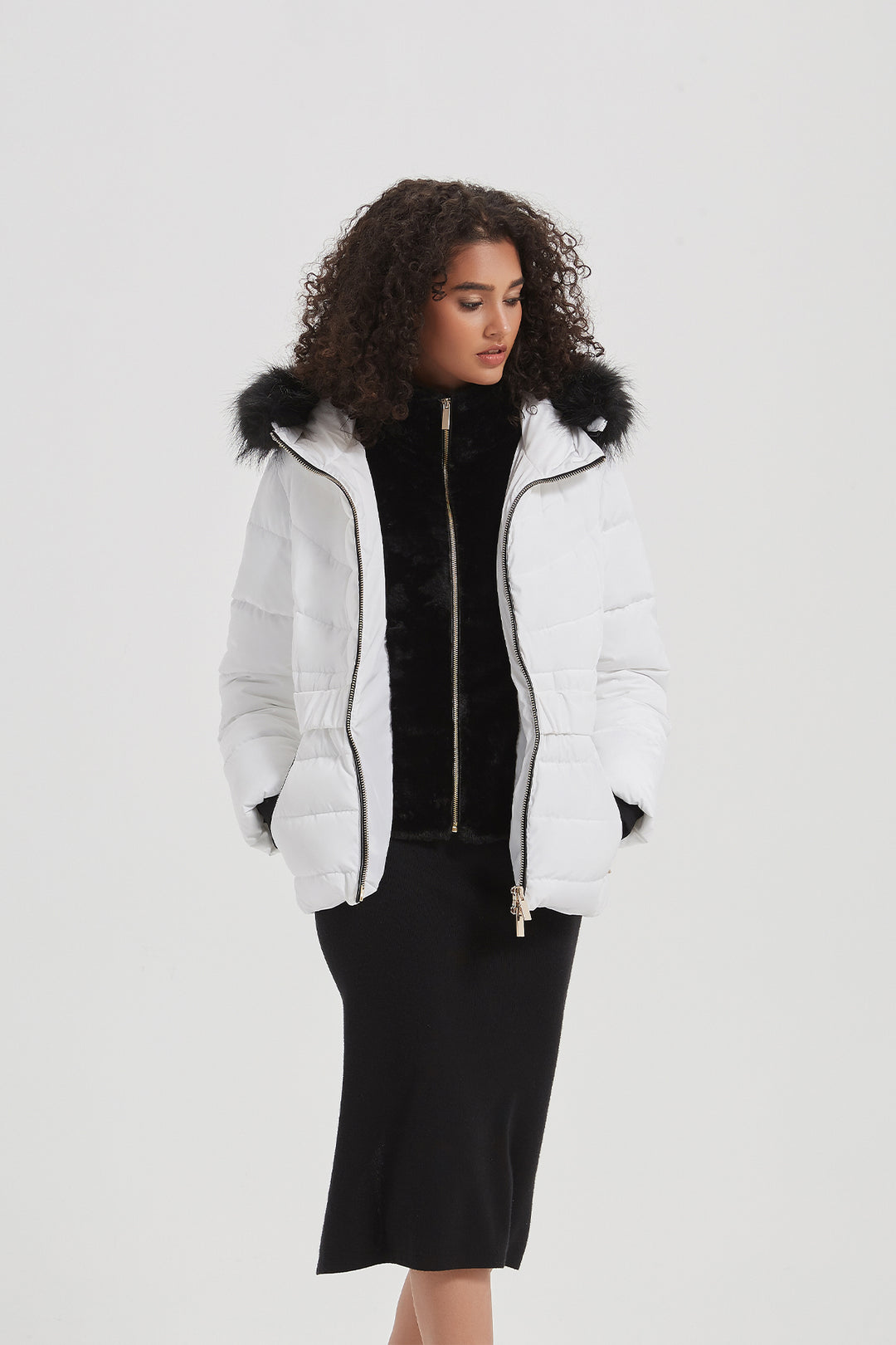 Elastic Waist Short Puffer Jacket with Furry Hood