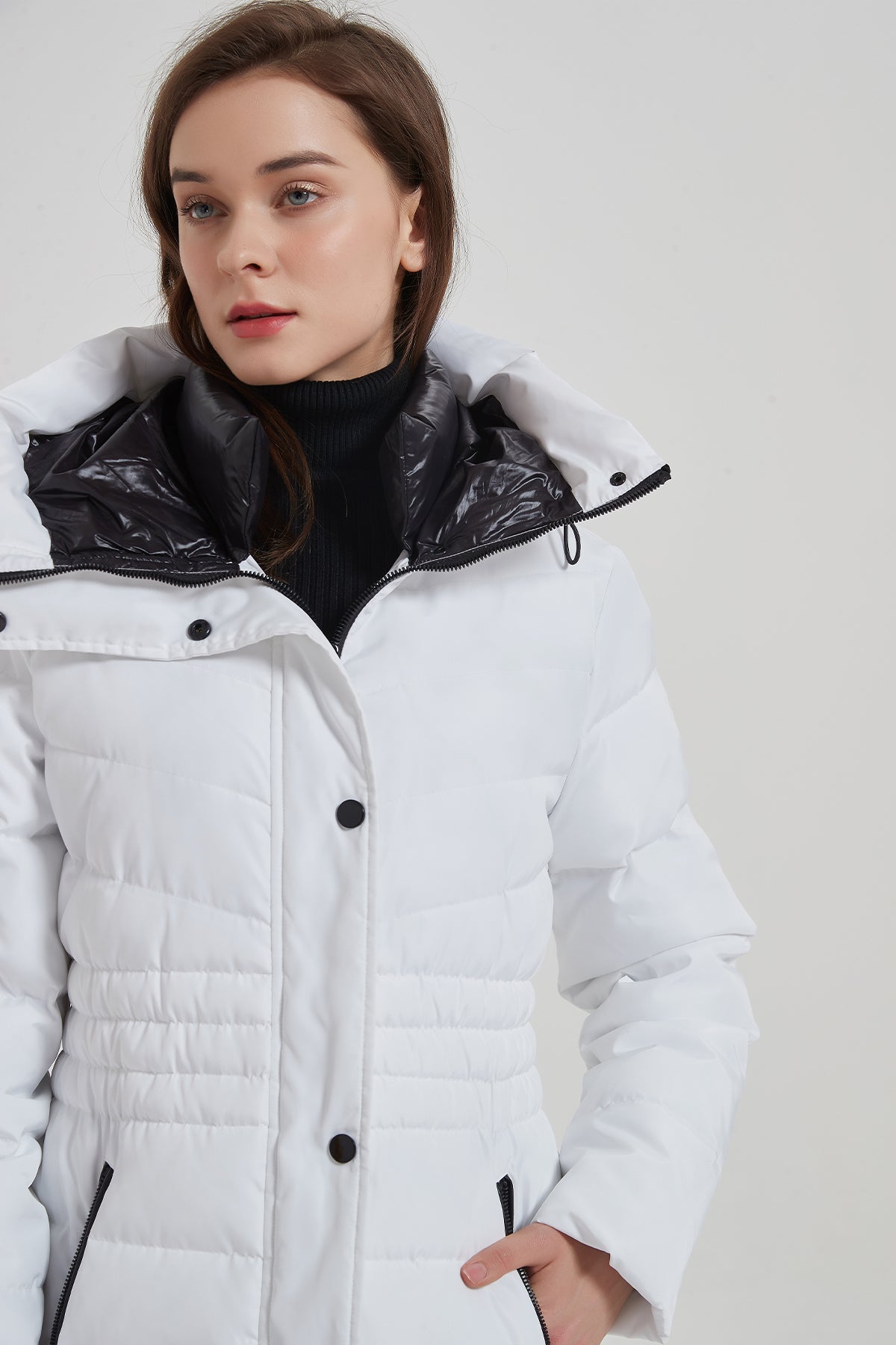 New white long puffer coat with hood ladies IKAZZ