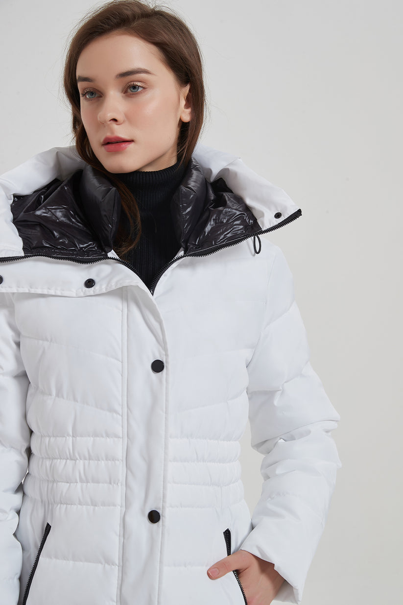 New white long puffer coat with hood ladies- IKAZZ