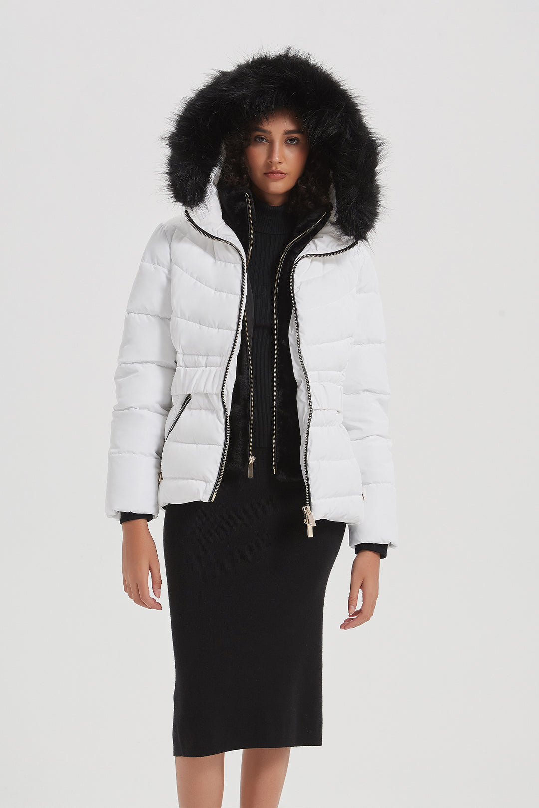 Elastic Waist Short Puffer Jacket with Furry Hood