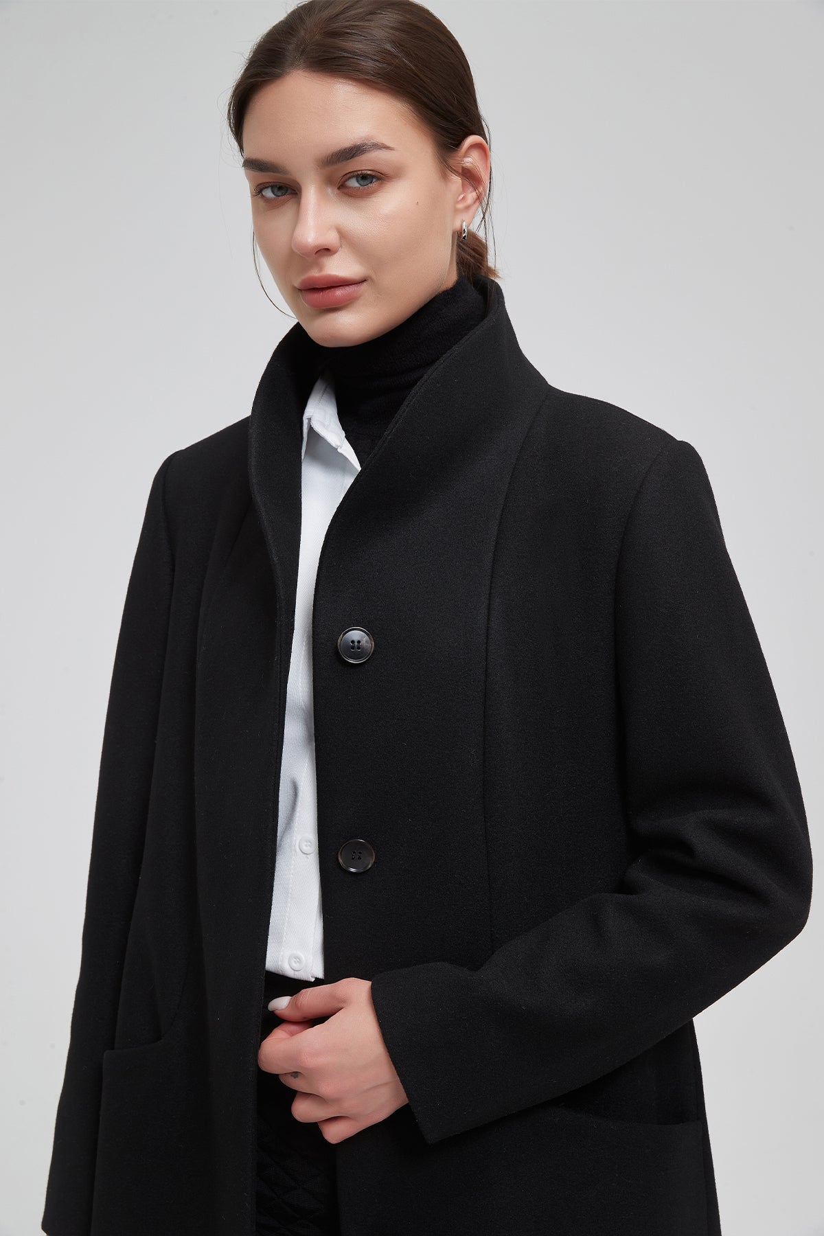 Women's funnel neck cocoon vegan wool coat - IKAZZ