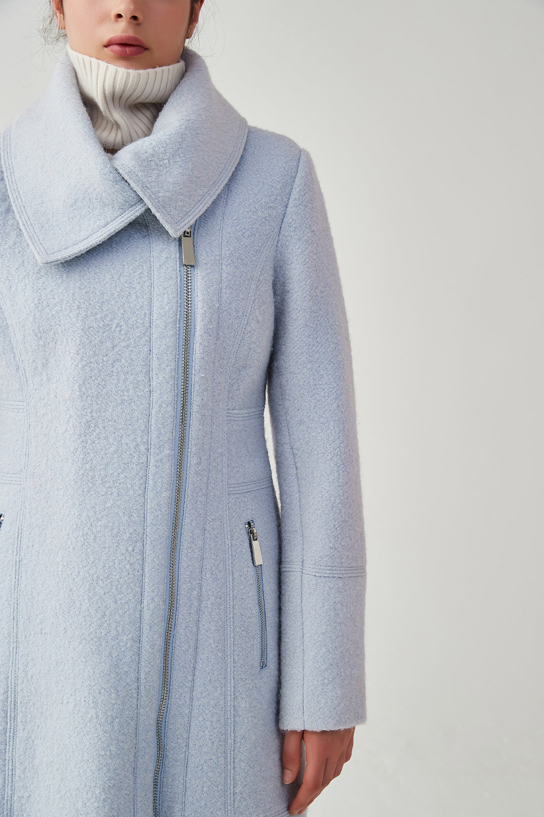 Asymmetrical Lapel Zip Up Long Wool Coat