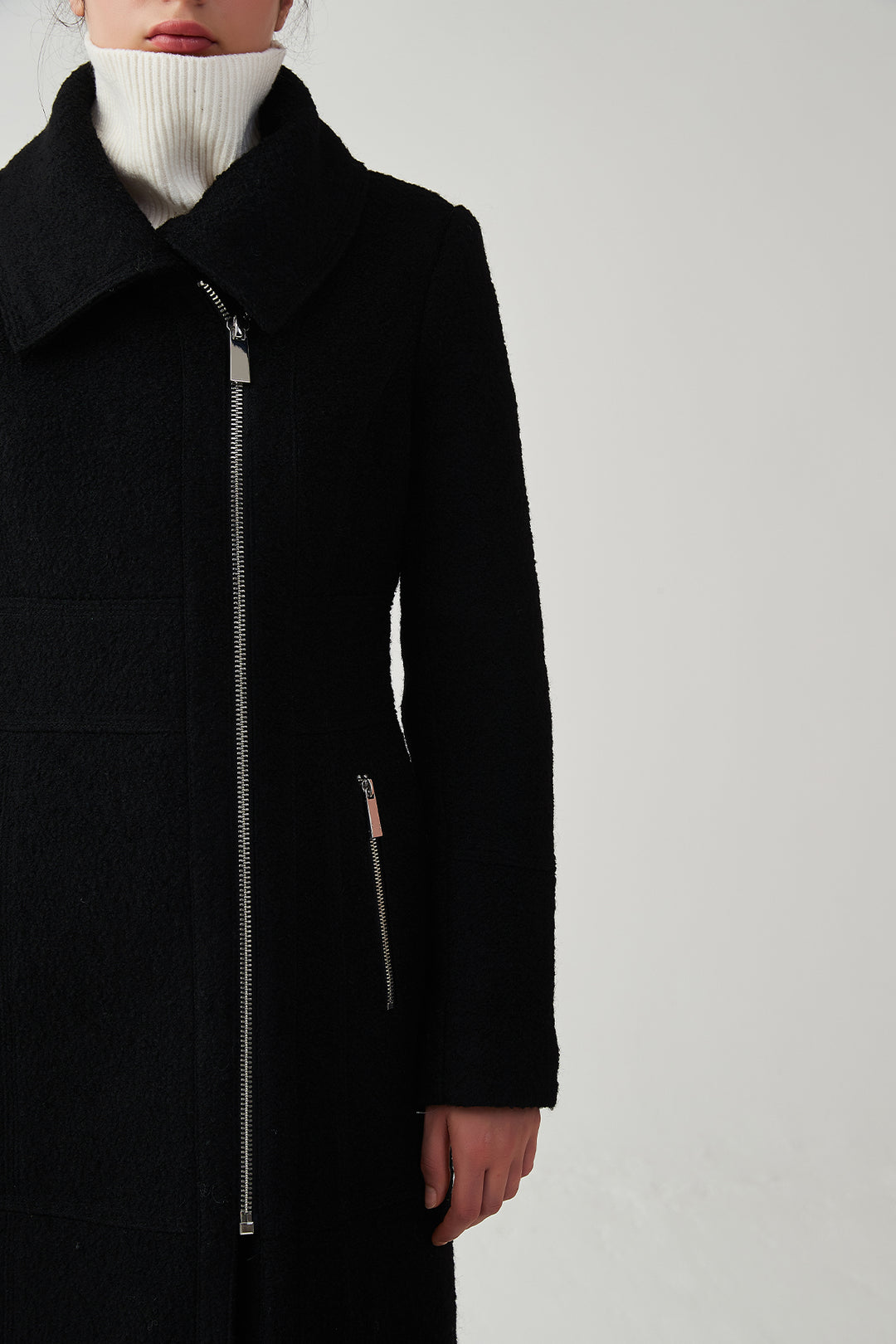 Asymmetrical Lapel Zip Up Long Wool Coat