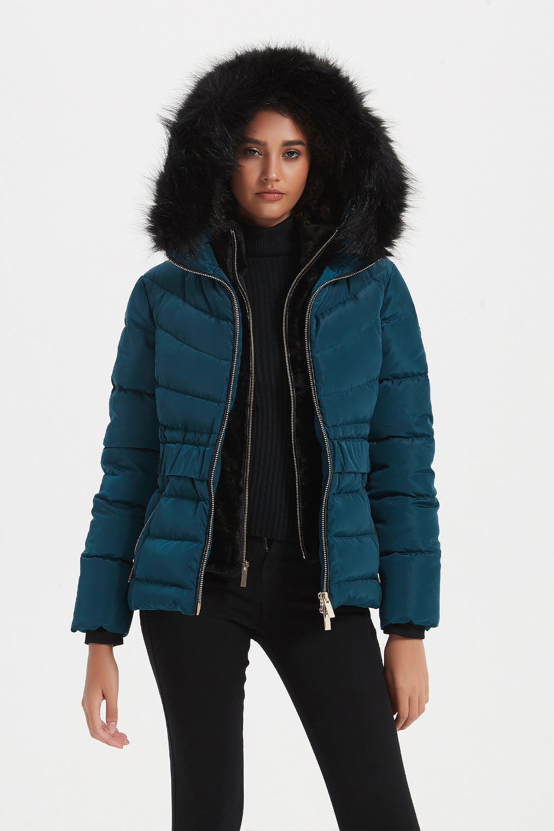 Elastic Waist Short Puffer Jacket with Furry Hood