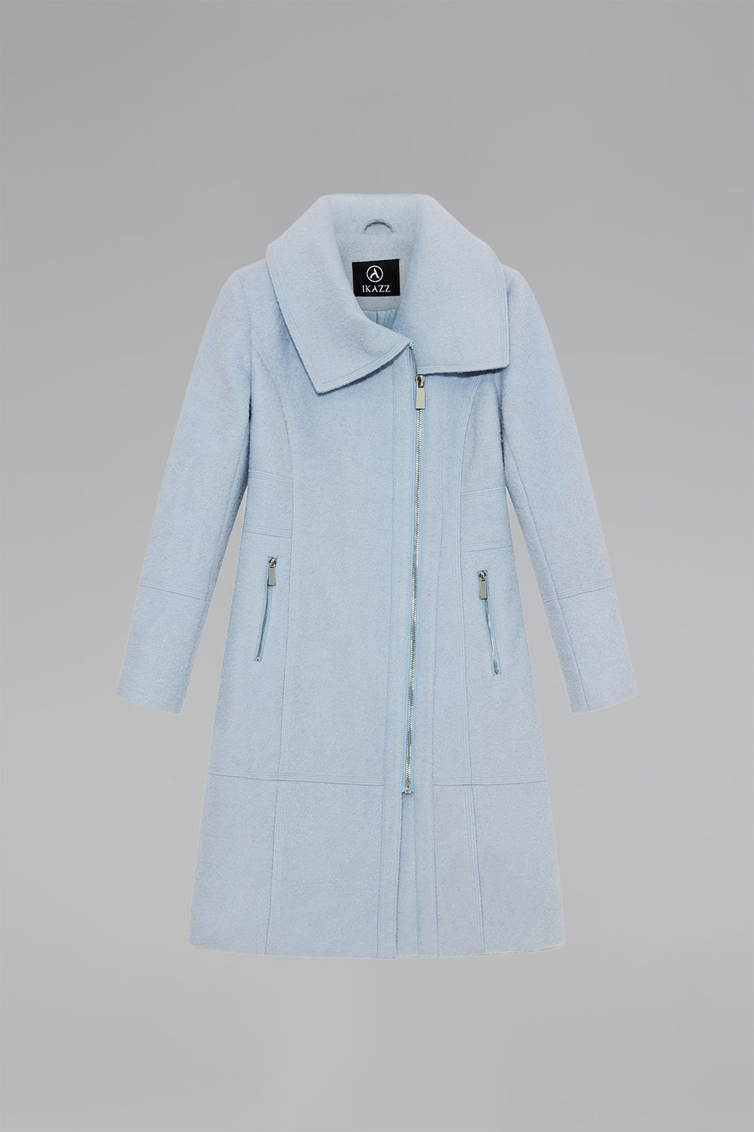 Asymmetrical Lapel Zip Up Long Wool Coat