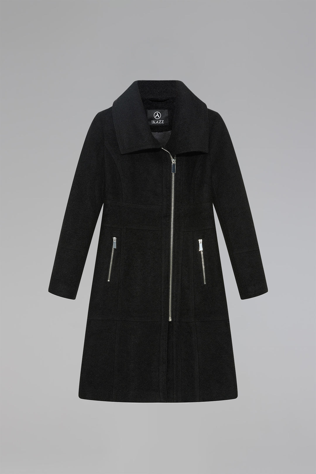 Asymmetrical Lapel Zip Up Long Wool Coat