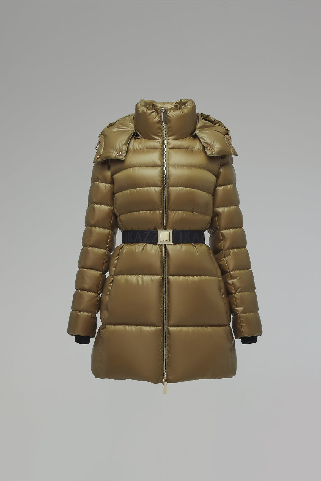 Shiny Belted Mid Length Puffer Coat with Hood
